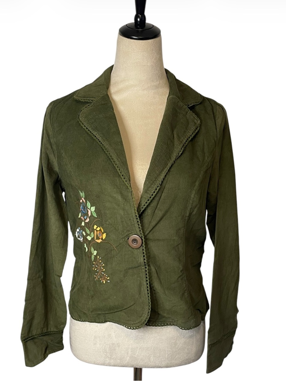 ANGIE Olive Green Embroidered Corduroy Blazer Jacket y2k L
